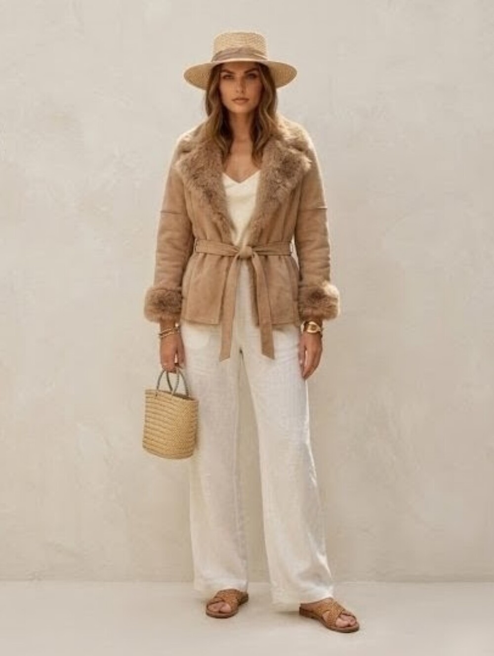 ✨ Twenty Twenty Size L Tan Faux Suede & Fur Belted Wrap Jacket 🧥 Cozy & Chic
